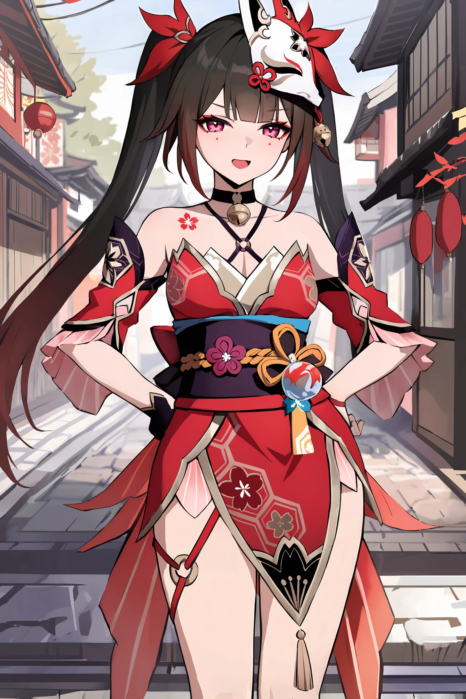 masterpiece, best quality, illustration, highres, ultra-detailed, 1girl, sparkle \(honkai: star rail\), twintails, hair ornament, solo, off shoulder kimono, mask on head, detached sleeves, choker, obi, single glove, wristband, criss-cross halter, thigh strap, cowboy shot, standing, japanese street, outdoors, depth of field, smug, open mouth, hands on hip, <lora:face-Smug:0.9>, looking at viewer <lora:Char-HonkaiSR-Sparkle-XL-V1:0.9>