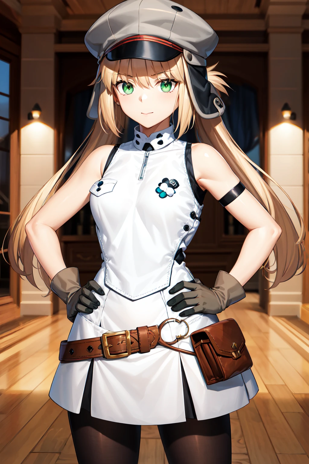 masterpiece, best quality, highres, aacaster, long hair, twintails, ushanka, grey headwear, green eyes, bare shoulders, white shirt, sleeveless dress, brown gloves, brown belt, pouch, black pantyhose, <lora:artoria_caster_(caster)_v1:0.7>, hands on hips, indoors, standing, cowboy shot,
