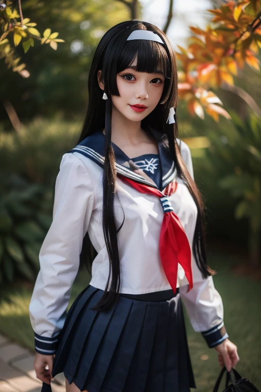 ltra-detailed,highly detailed,best quality,masterpiece,illustration,realistic,photorealistic,
renge, cosplay, solo, 1girl, cosplay,
school uniform, serafuku, sailor collar, long sleeves, neckerchief, pleated skirt,
long hair, bangs, sidelocks, hairband, hair tubes, headband,
looking at viewer, upper body,
outdoors, photo background,
<lora:renge_jk_v1_10:0.7>