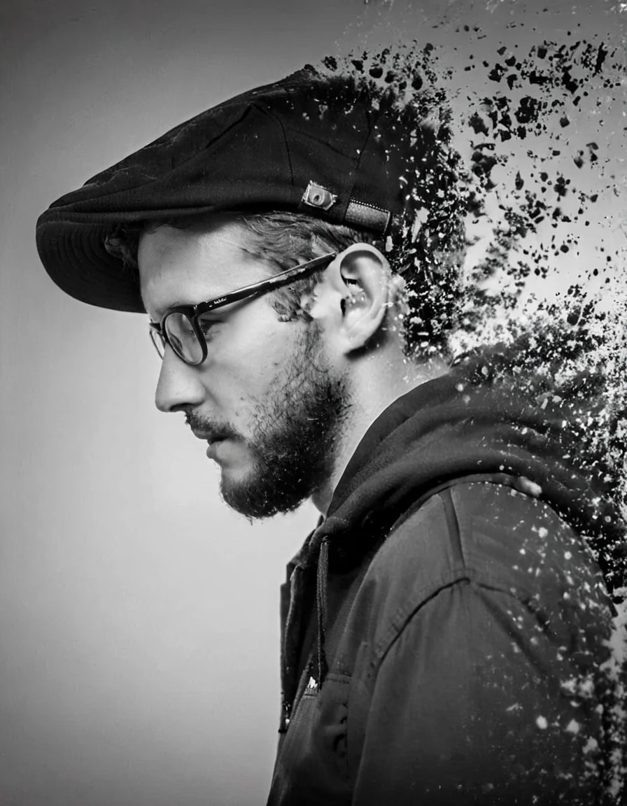 photograph dispersion effect, fflixdisp, greyscale, 1boy, monochrome, male focus, hat, glasses, facial hair, upper body, profile, from side, white background, hoodie, hood, simple background, closed mouth
<lora:dispersion:0.7>, 50mm . cinematic 4k epic detailed 4k epic detailed photograph shot on kodak detailed cinematic hbo dark moody, 35mm photo, grainy, vignette, vintage, Kodachrome, Lomography, stained, highly detailed, found footage