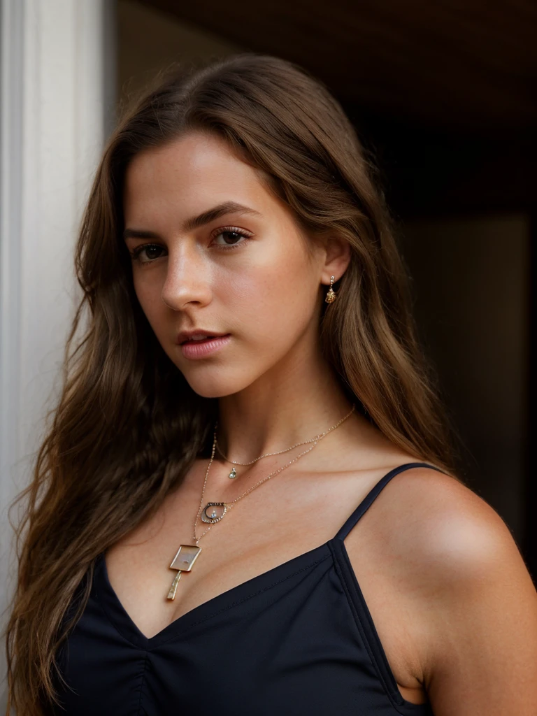 A beautiful 3m1lyf woman, 1girl,solo,long hair,looking at viewer,brown hair,dress,brown eyes,jewelry,parted lips,necklace,lips,realistic,soft lighting, professional Photography, Photorealistic, detailed, RAW, analog, sharp focus, 8k, HD, high quality, masterpiece<lora:3m1lyf:1.0>