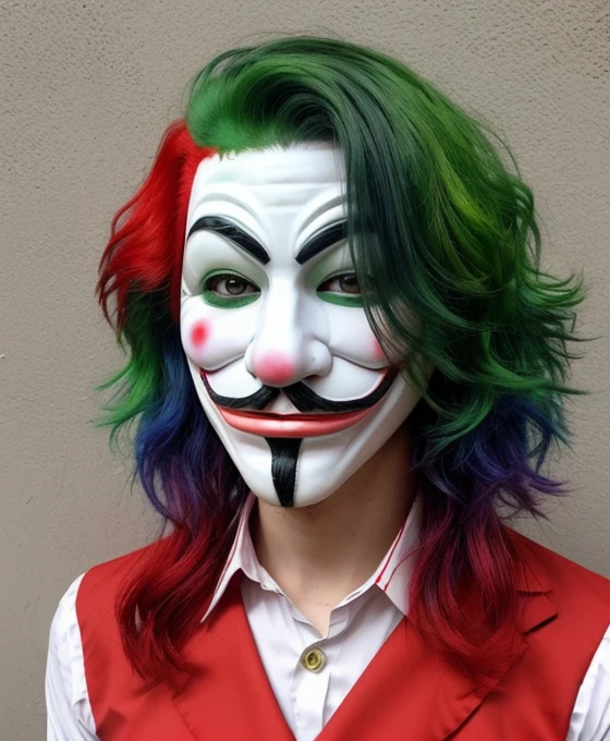 <lora:anonymous:0.4> anonymous, clown, circus, joker, anonymous mask, multicolored, paint, lush red green hair