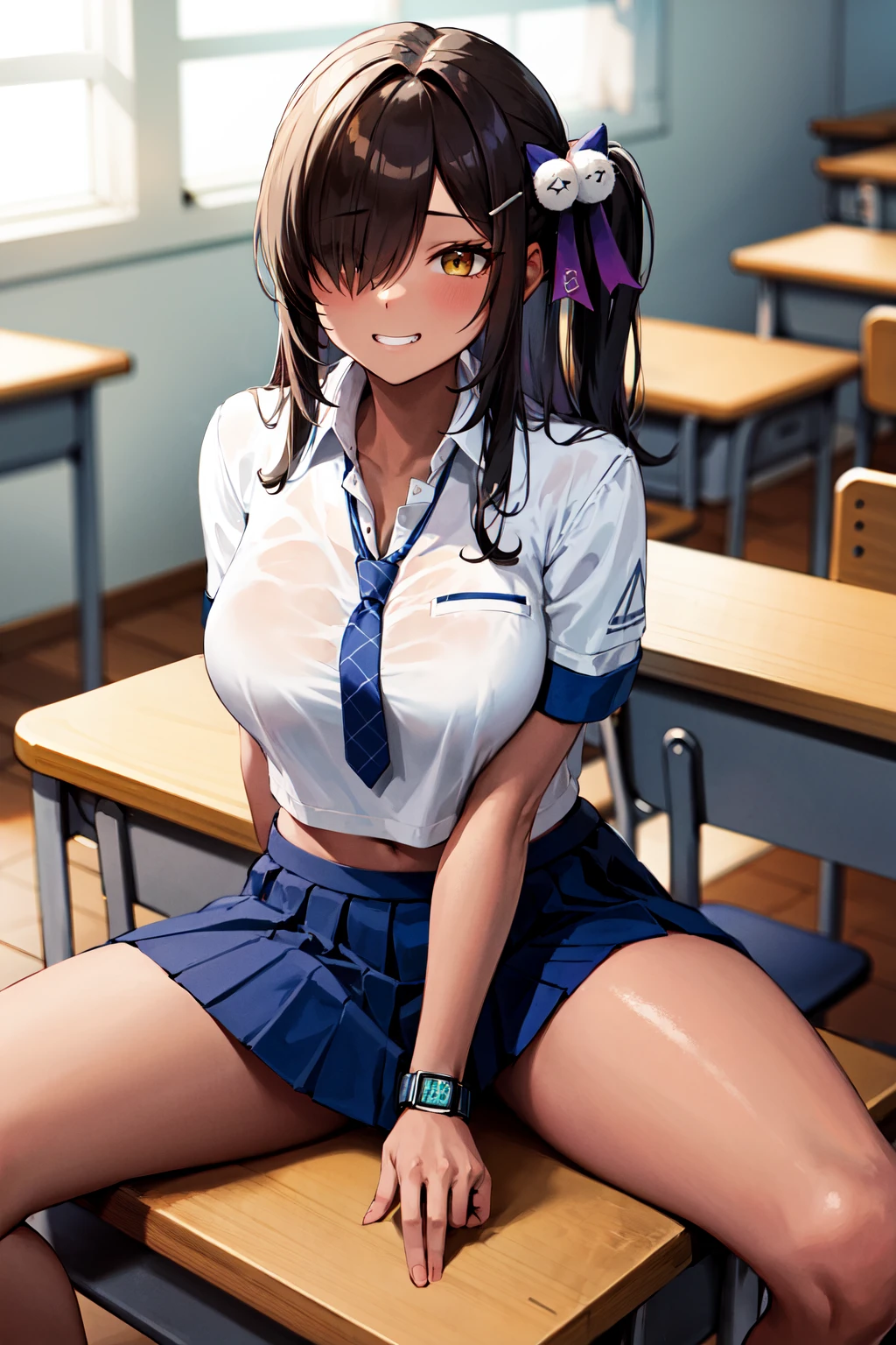 masterpiece, best quality, highres, aanaga, long hair, one side up, hair ornament, hairclip, dark skin, large breasts, school uniform, loose necktie, blue necktie, cleavage, collared shirt, white shirt, short sleeves, wrist scrunchie, wristwatch, midriff, pleated skirt, blue skirt, thigh strap, <lora:naga_(nikke)_v1:0.7>, evil grin, sitting, on desk, classroom, spread legs,