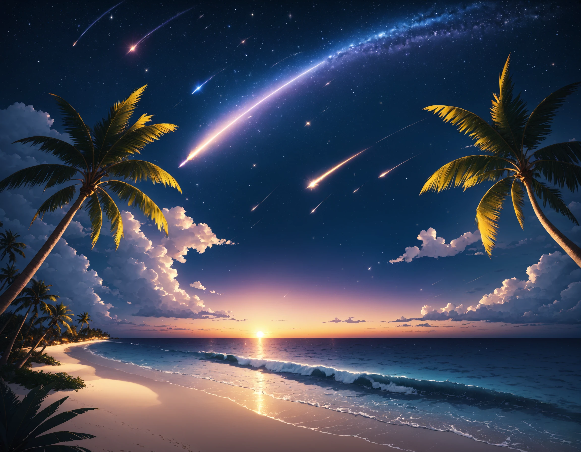 outdoors, sky, cloud, water, tree, no humans, night, ocean, beach, star (sky), night sky, scenery, starry sky, sunset, rock, sand, palm tree, horizon, waves, shore, shooting star, cinematic angle, cinematic lighting, masterpiece, official art, PorcelainDuskMix Style , <lora:PorcelainMixes_Animaginexl:1>