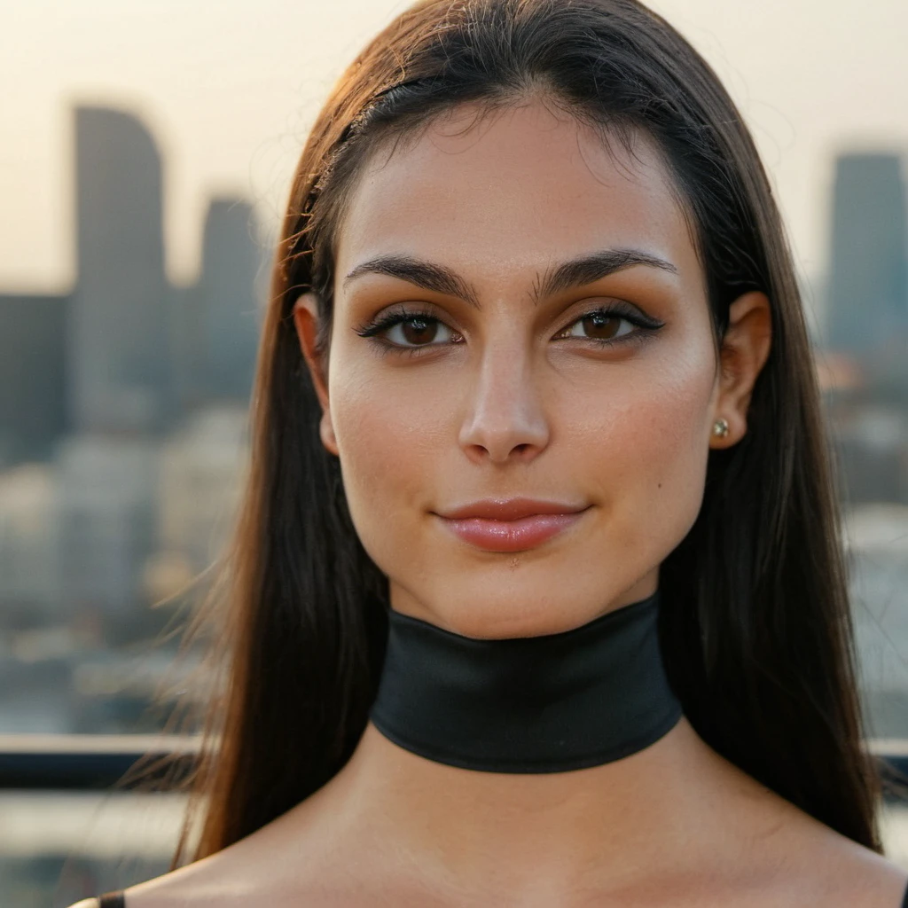 (Skin Texture, pores, natural,iPhone,RAW)), natural lighting, Highest Quality closeup Portrait photo of a stunning woman with long straght hair,black thin choker, clear lipgloss, Nikon Z9, realistic matte skin, blurry city in the background, 8K, whole face, <lora:morbaccarin_xl_1_standard_wo_cap-000033:1>