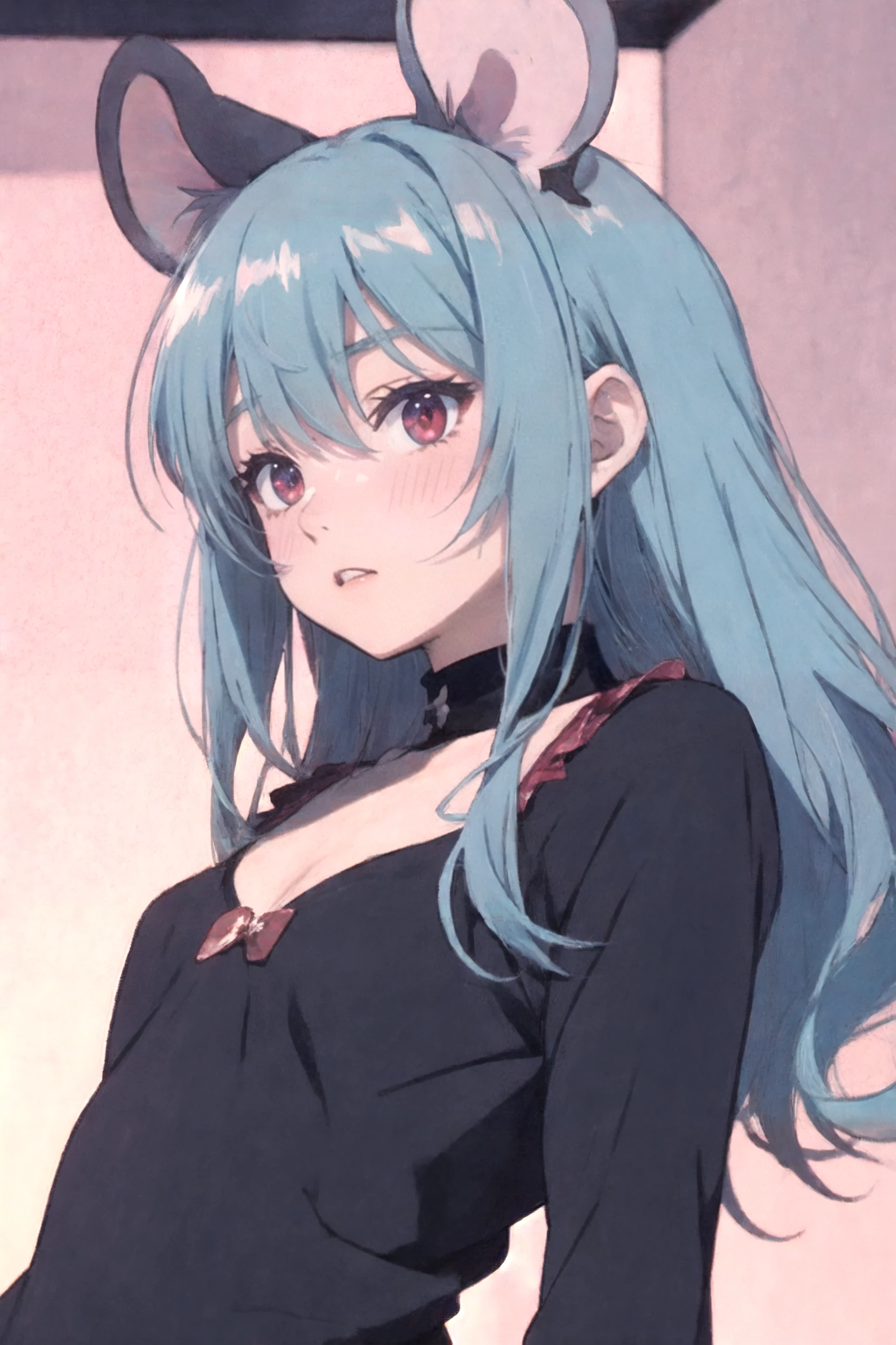 long hair aqua hair ponytail red eyes,slit pupils,medium breast, black dress, cleavage, necklaces