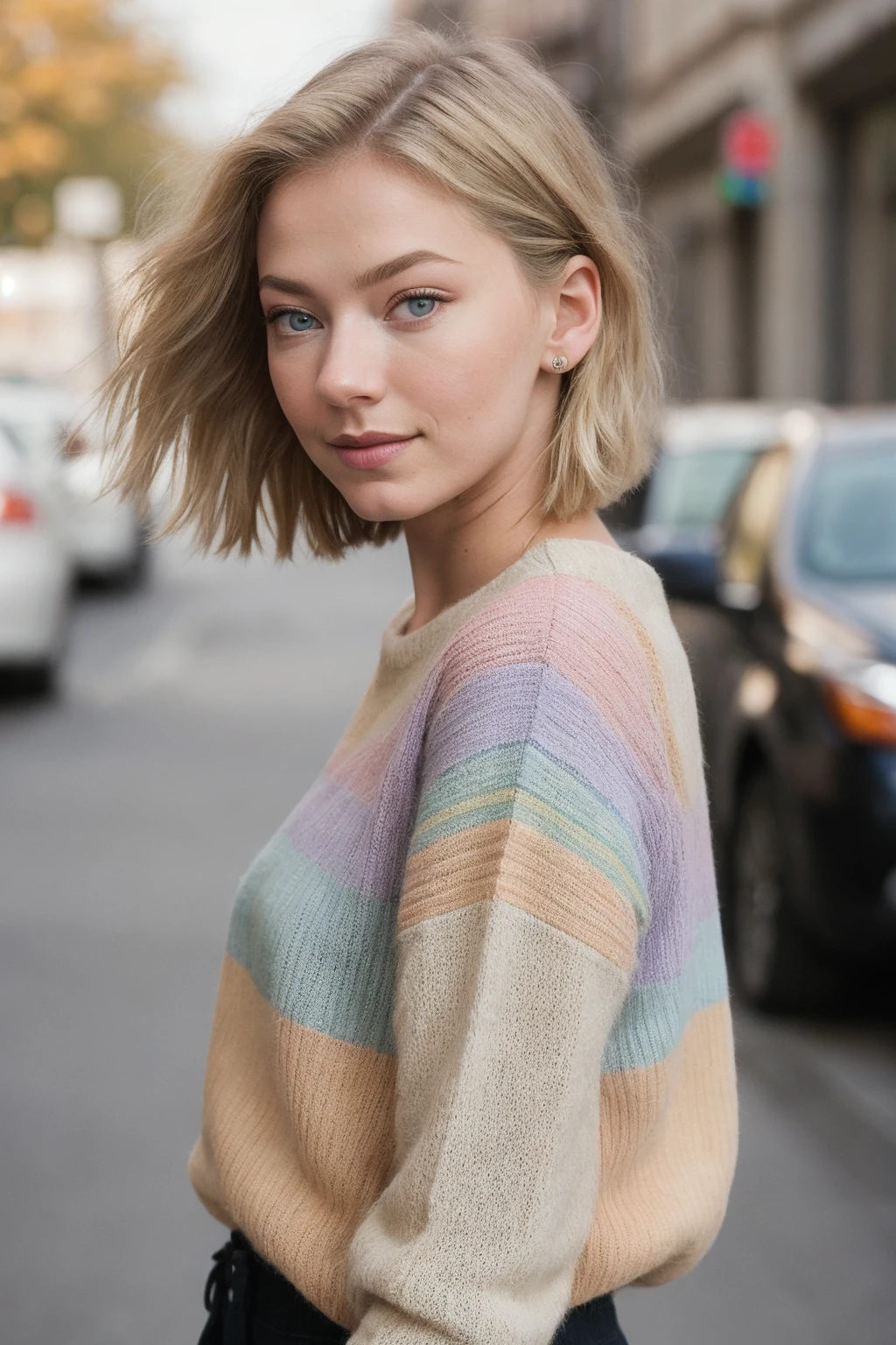 candid photo of a blonde woman,(astr1d_v1-850-2000:0.95),wearing a pastel rainbow sweater,natural skin,subtle smile,short blonde hair,headshot,natural lighting,film grain, by walker evans