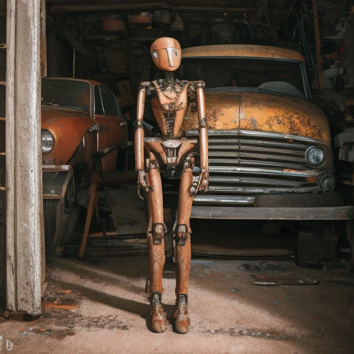 <lora:robots:1.1>a portrait of high detailed standing  robot in an old garage working on an old red car, intricate, rusty, damaged<lora:add-detail-xl:1.2>