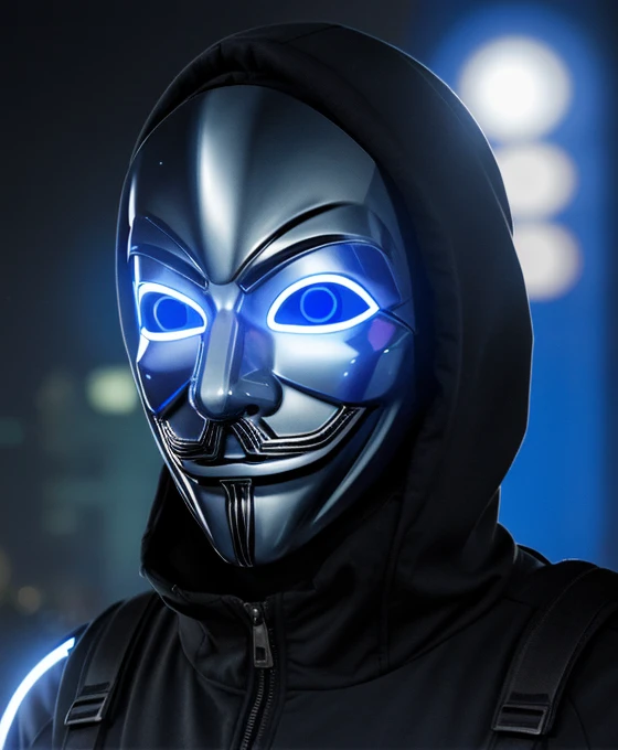 <lora:anonymous:0.6> anonymous, robot, blue metal, anonymous mask, glowing eyes, night, metal corpus
