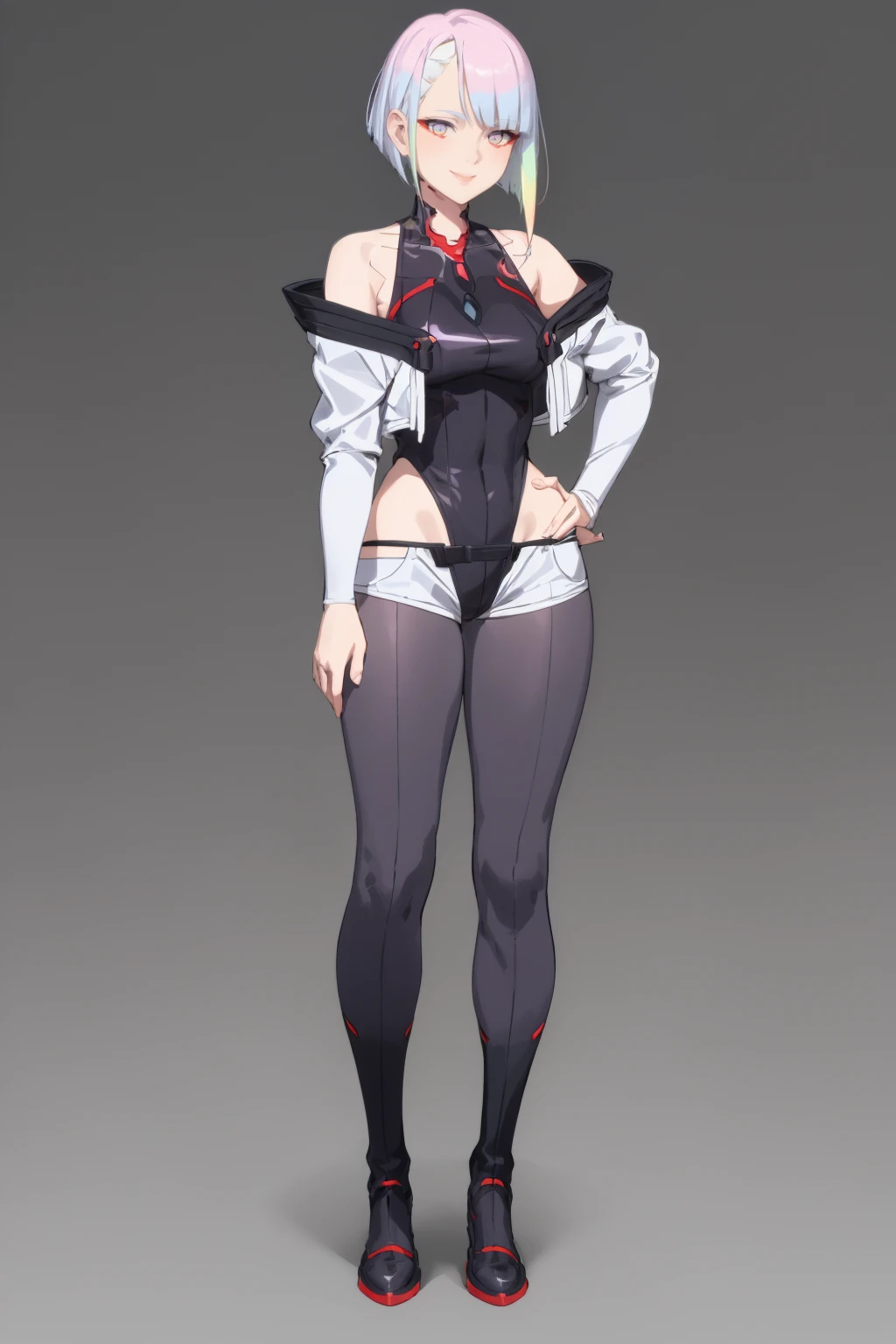 masterpiece, best quality,
1girl, lucyna, short hair, bangs, multicolored hair, multicolored eyes, red eyeliner, makeup, bare shoulders, white open jacket, white short shorts, hip vent, highleg leotard, thighhighs  boots,
hands on hips, standing, full body, smile, solo, looking at viewer, simple background   <lora:Lucyna:1>