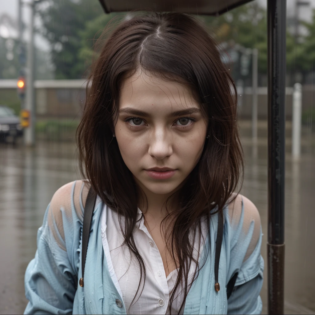 23y female looking into camera, <lora:haze:1.6>, daytime, standing in the rain at a bus stop, cinematic lighting, realistic, 16k, ultra high detailed, textured skin, tack sharp focus, shot with Arri Alexa, 50mm