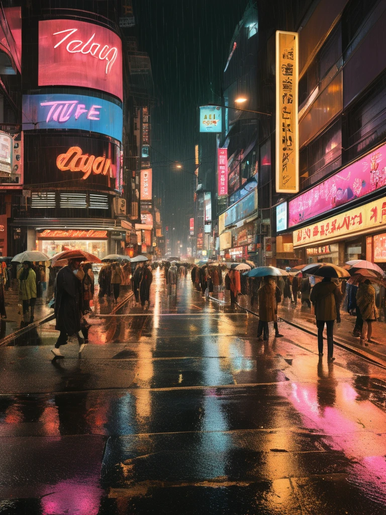 An ultra-realistic photo of a bustling city street at night, with rain-slicked pavements reflecting neon signs and the diverse crowd of pedestrians, showcasing the energy and complexity of urban life.,