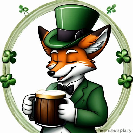 CelticFox,solo,smile,open mouth,simple background,hat,white background,holding,animal ears,tail,closed eyes,cup,no humans,sparkle,watermark,holding cup,facing viewer,furry,alcohol,top hat,mug,green headwear,beer,coin,beer mug,clover,four-leaf clover,barrel,saint patrick day style,
<lora:CelticFoxSD:1>