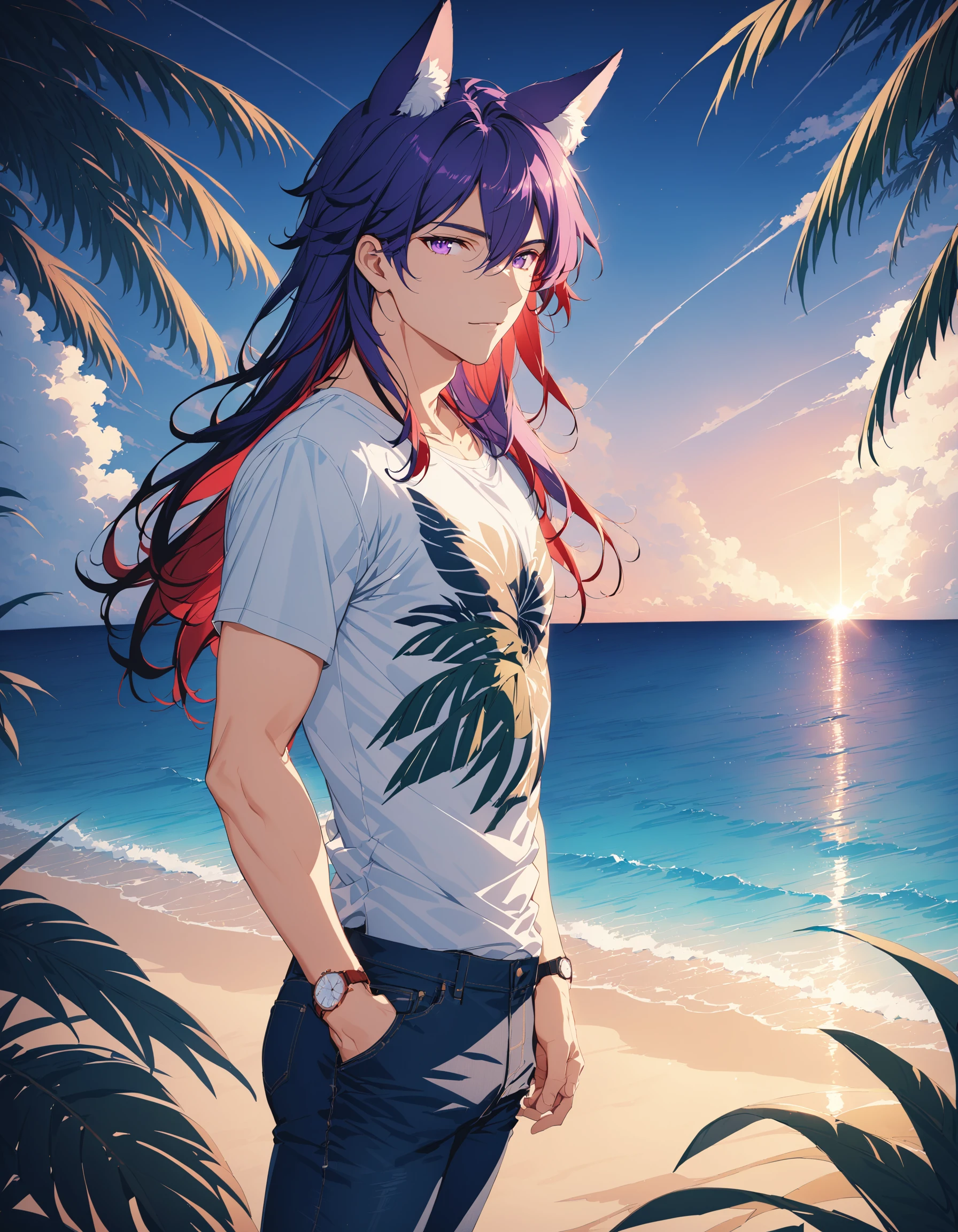 solo, long hair, looking at viewer, shirt, 1boy, animal ears, hair between eyes, blue hair, purple eyes, white shirt, purple hair, short sleeves, male focus, red hair, outdoors, sky, pants, cloud, water, tree, animal ear fluff, ocean, beach, plant, denim, t-shirt, sunset, watch, jeans, palm tree, wristwatch, print shirt, bishounen, cinematic angle, cinematic lighting, masterpiece, official art, PorcelainDuskMix Style , <lora:PorcelainMixes_Animaginexl:1>