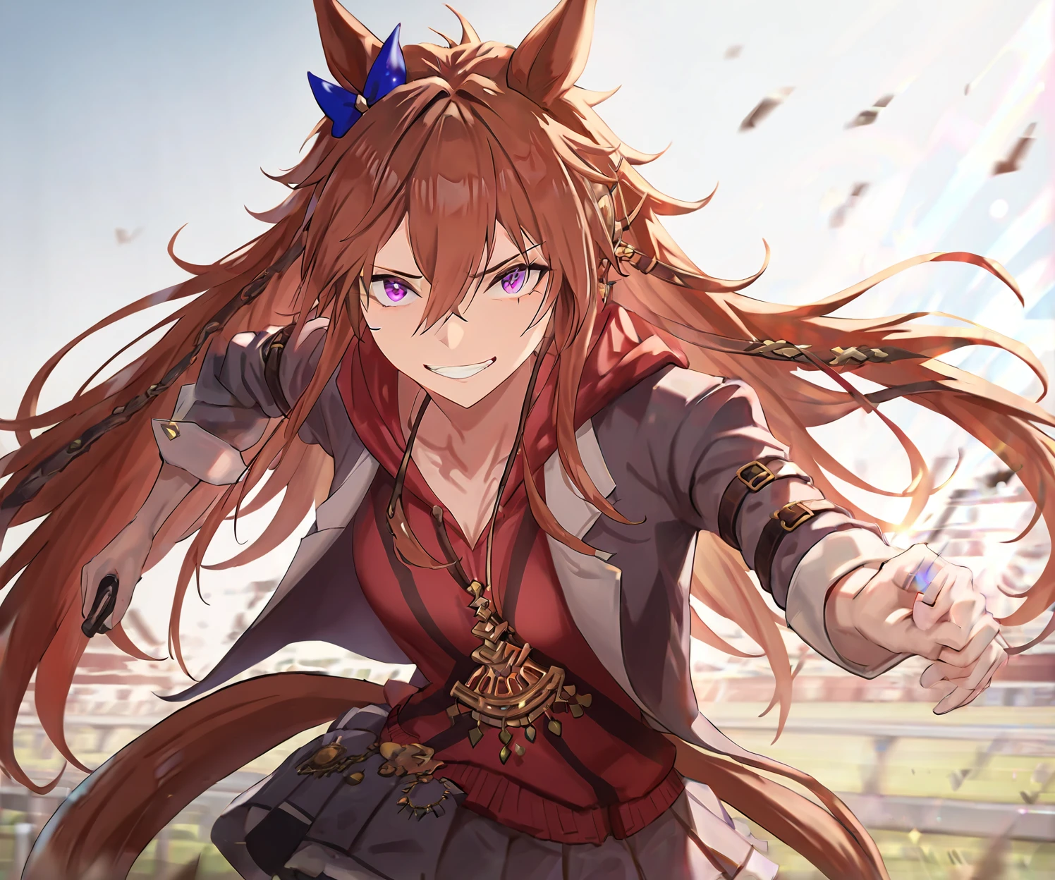 1girl,masked_sankanba,(umamusume),horse tail,horse ears,perfect anatomy,illustration,an extremelydelicate and beautiful,masterpiece,newest,absurdres,best quality,Cinematic Lighting,colorful,highres,solo,long hair,eyes visible through hair,hair between eyes,looking at viewer,<lora:masked_sankanba-XL_v002:1>,running,(Longchamp Racecourse:1.3)