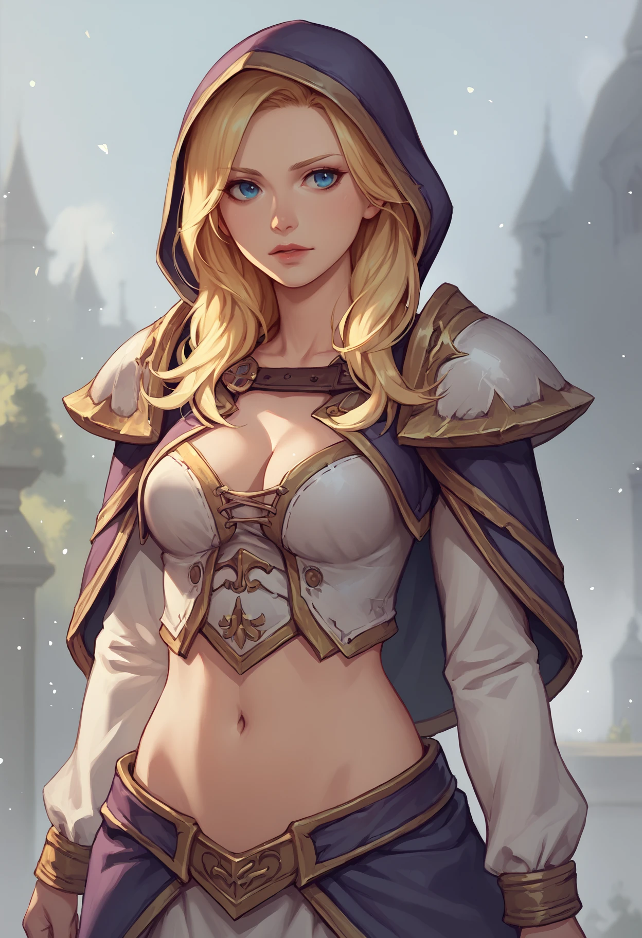 score_9, score_8_up, score_7_up, source_anime BREAK 1girl, solo, <lora:jainaproudmoore-wc-richy-v1_pdxl:1> standing jainapre, blonde hair, hood, cleavage, shoulder armor, capelet, midriff, navel