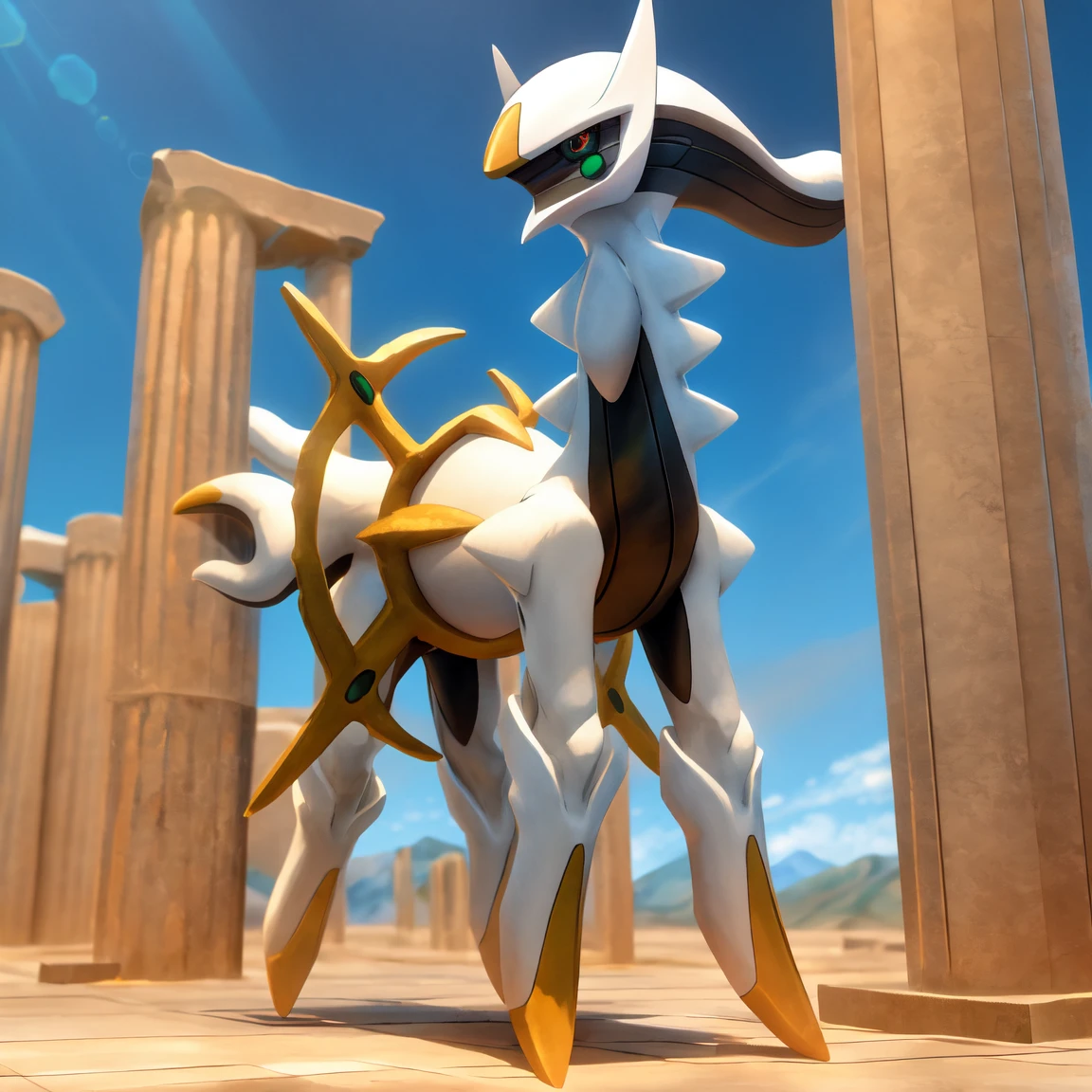 absurd res, (masterpiece, best quality:1.2), official style, digital media \(artwork\), arceus, pokemon \(creature\), feral, red eyes, standing, full body, green sclera, (detailed eyes:1.2) no mouth, (looking at viewer, from side:1.2), detailed background, cloud, sky, sunrays, column, pillar, (8k hd, hdr:1.1) <lora:arceusV1:1>