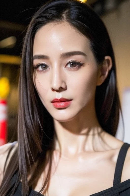 Best quality,masterpiece,ultra high res,(photorealistic:1.2),1girl,in the dark,deep shadow,low key,slim body,undone hair,off shoulder,japanese street alley,dynamic pose,face closeup,makeup,lipstick,<lora:ning_chang:0.9>,