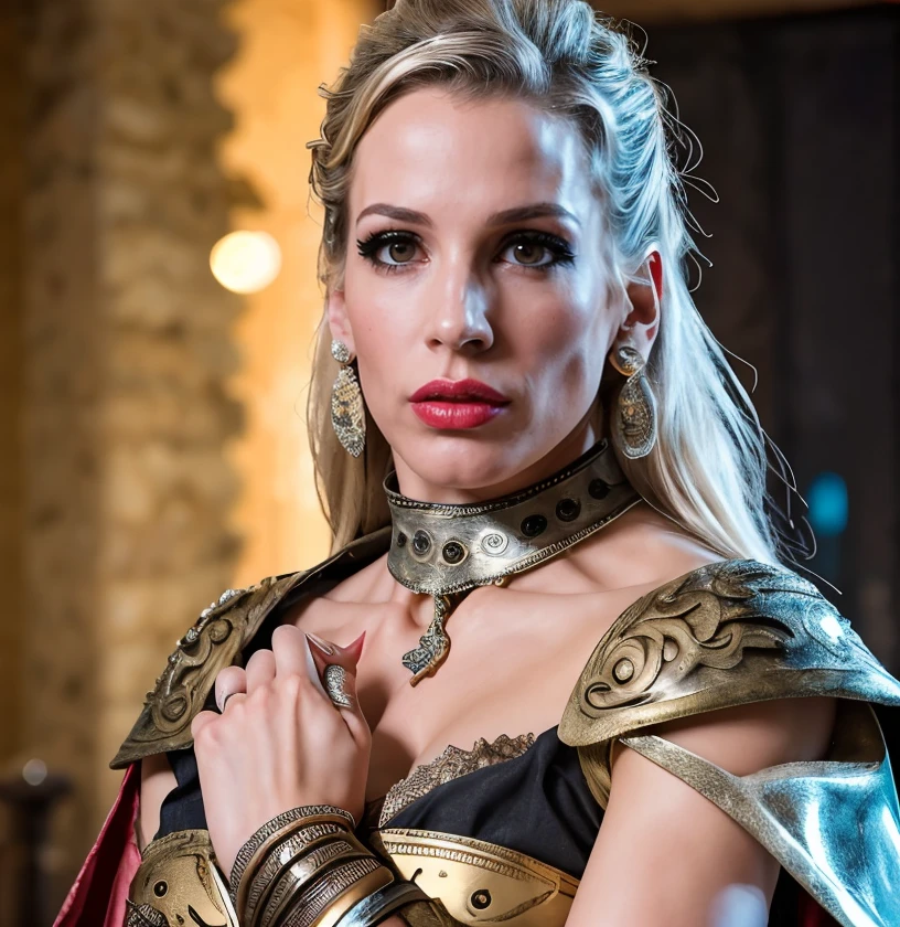 (masterpiece:1.2), (best quality,:1.2), 8k, HDR, ultra detailed, ((photorealistic)), perfect anatomy, professional light, cinematic lighting, fashion photography, ambient lighting,<lora:detail_slider_v4:2.5>, OverallDetail, fhanddetail:1.4, ffacedetail:1.4, skindetail, hairdetail, Rebecca, <lora:Rebecca-10:1>, earrings, dark makeup, as female warrior, wearing intricate gladiator armor, shoulder, belt, bracers, neck, cape, MetAr, <lora:Glatiator-10:0.6>, epiCPhoto