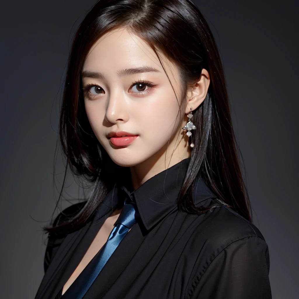 ultra high res, photo, 4k, absurdres, (incredible absurdity), ((masterpiece, best quality)), (wallpaper), (8k hd), <lora:KimTaehee-05:1>,1girl, solo,black shirt, blue necktie, lip, diamond earrings, smile