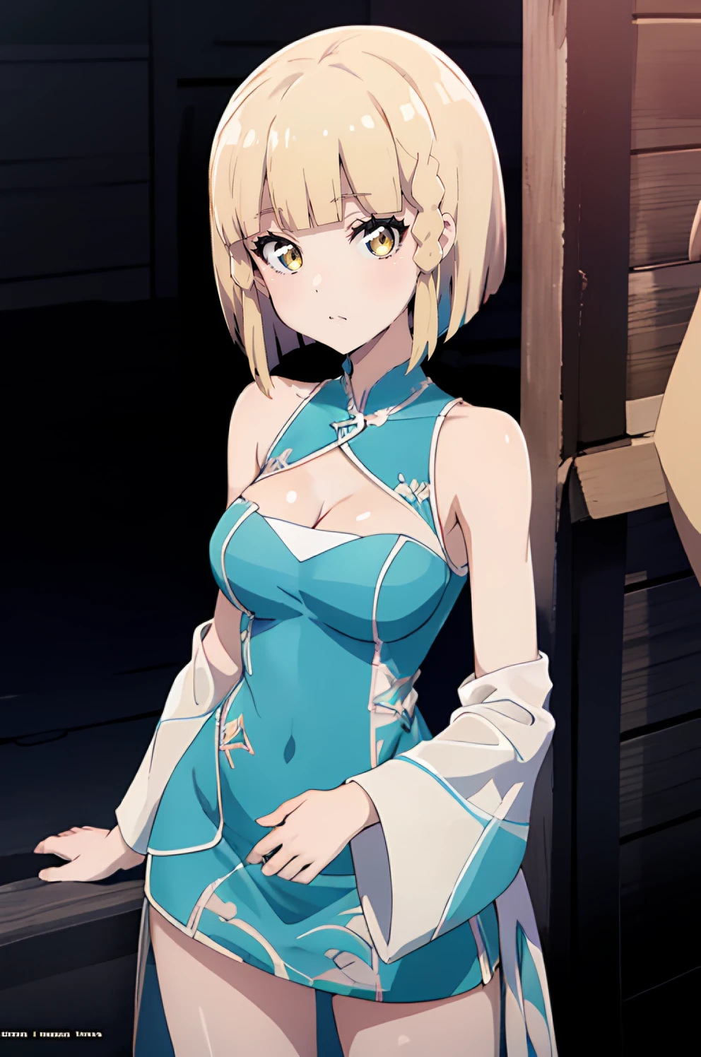 score_9, score_8_up, source_anime, solo, 1girl, tomboy, dress, hellsing, lole, young, ((aged down)), ikuchan, blonde hair, blonde hair, oriental, Chinese dress, short dress, indoors, apathetic, bored, boob window
