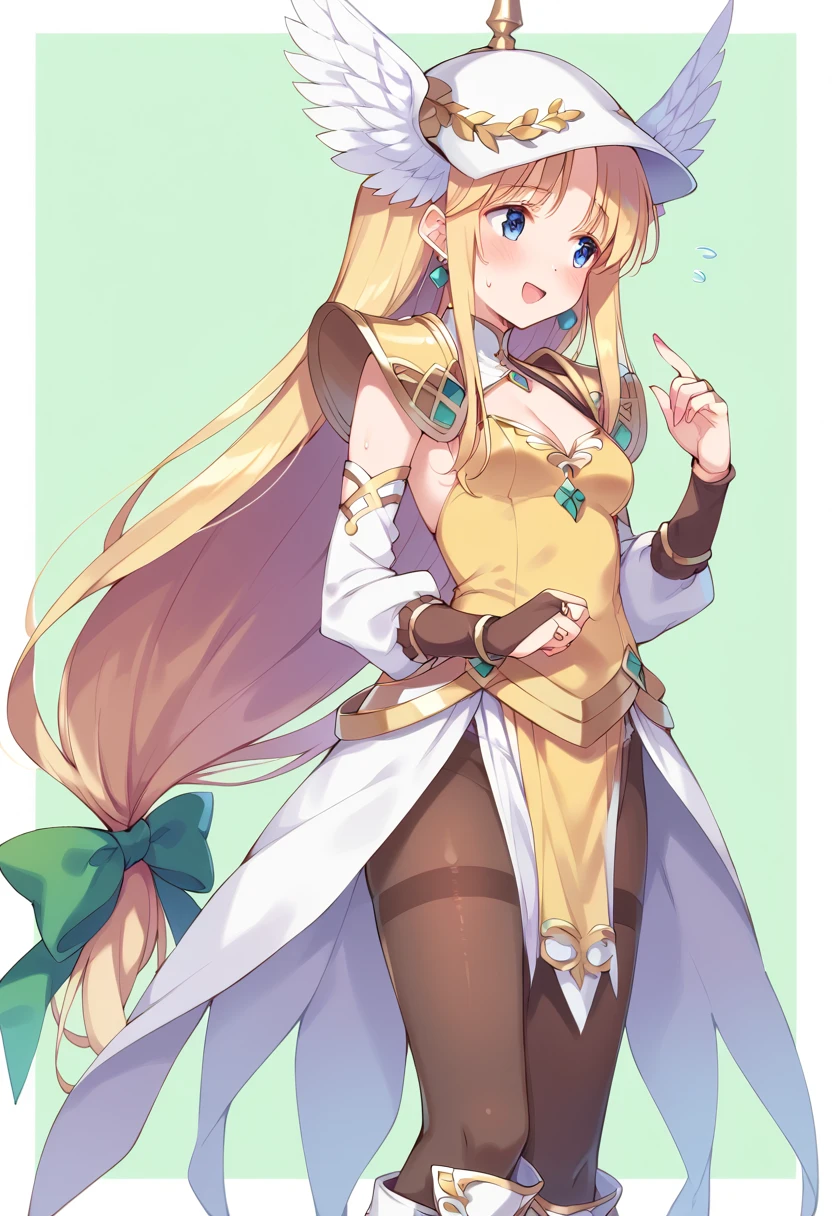 score_9, score_8_up, score_7_up, best quality, masterpiece, source_anime BREAK
1girl, riesz, vanadis, blonde hair, pantyhose, solo, low-tied long hair, jewelry, helmet, cleavage, blush, very long hair, blue eyes, winged helmet, open mouth, earrings, thighband pantyhose, bridal gauntlets, shoulder armor, flying sweatdrops, smile, green background, hair bow, bangs, detached sleeves, head wings, green bow, black legwear, sweatdrop, white footwear, white headwear, standing, brown legwear, simple background, pauldrons, bracelet, cowboy shot, fingers together, index fingers together, x fingers, hair ribbon, white dress, eyebrows visible through hair, green ribbon, sidelocks, sweat, thighhighs, looking away, knee boots, yellow leotard, elbow gloves, white sleeves, :d, white wings, cosplay, looking to the side, pelvic curtain, small breasts, embarrassed, long sleeves, nail polish <lora:riesz_sdxl_locon_pony_v1:0.7>