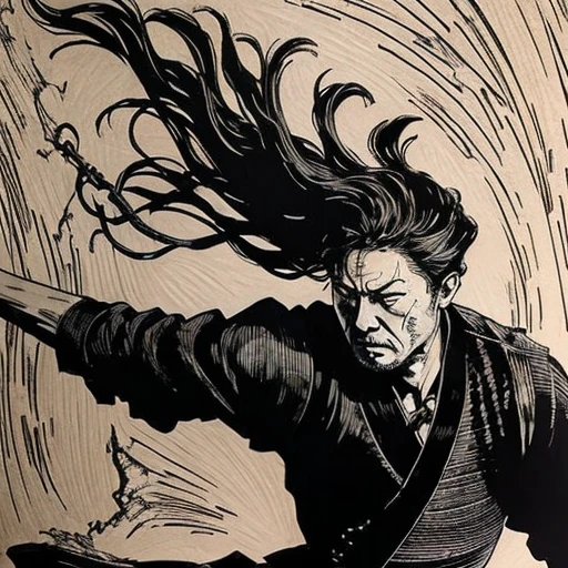 best quality,extreme detailed,<lora:woodblock_print:0.7>,black and white,swordsman,Chinese style,official art,