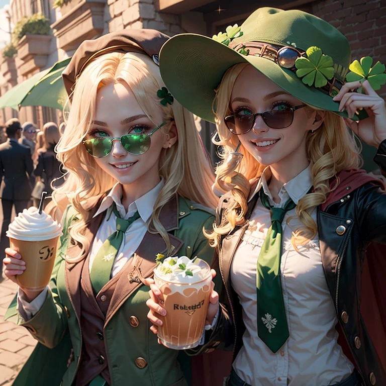 ((masterpiece, best quality)),  <lora:ShamrockWorld-10:0.8>, ShamrockWorld,  clover, four-leaf clover, light particles,  long hair, smile, short hair, multiple girls, blonde hair, shirt, hat, holding, 2girls, jacket, multiple boys, necktie, glasses, cape, grin, blurry, cup, v, sunglasses, bottle, realistic, clover, green cape