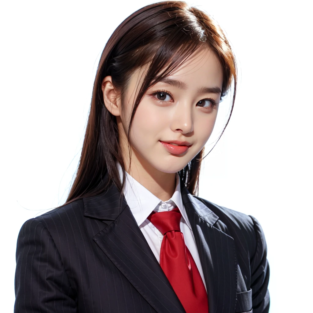 ultra high res, photo, 4k, absurdres, (incredible absurdity), ((masterpiece, best quality)), (wallpaper), (8k hd), <lora:KimTaehee-05:1>,1girl, black hair, necktie, solo, striped necktie, looking at viewer, long hair, shirt, smile, school uniform, jacket, white shirt, striped, upper body, collared shirt, blazer, black eyes, red necktie, food, realistic, closed mouth, simple background, white background, long sleeves, buttons, smile, open mouth