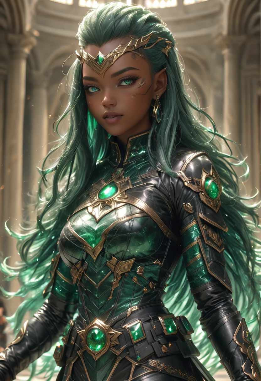 (((masterpiece))) , (((best quality))) , anime style, 2d, well-built charming 1girl, solo, lovely 1girl, ObsidianEmerald, (((masterpiece))) , (((best quality))) , anime style, 2d, Authentic Foul well-built traditional Jamaican Rapper 1girl, solo, Captain America, she is dressed in Mythpunk fashion style Emerald, Colored hair, key visual, she has Shaved sides hair, key visual,