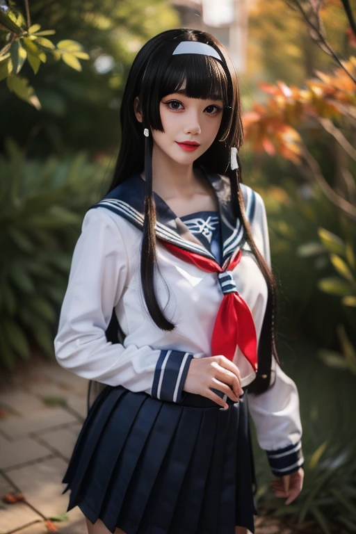 ltra-detailed,highly detailed,best quality,masterpiece,illustration,realistic,photorealistic,
renge, cosplay, solo, 1girl, cosplay, 
school uniform, serafuku, sailor collar, long sleeves, neckerchief, pleated skirt, 
long hair, bangs, sidelocks, hairband, hair tubes, headband,
looking at viewer, upper body, 
outdoors, photo background, 
<lora:renge_jk_v1_10:0.8>
