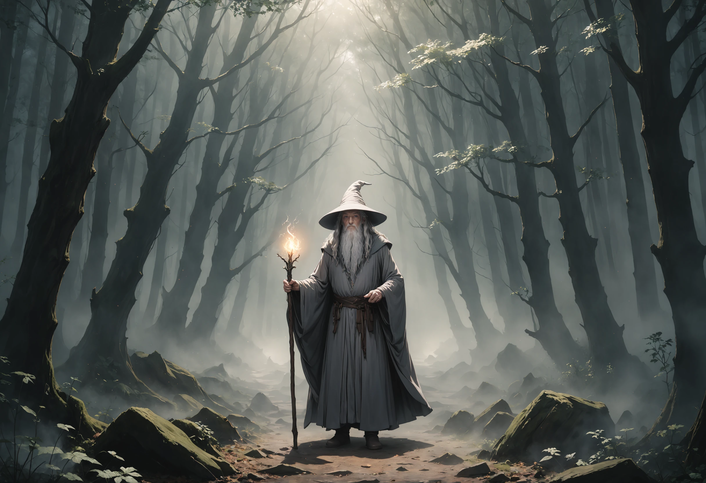 (anime) medium shot of Gandalf the Grey, an ancient wizard of the mystics in a deep forest. the dappled volumetric lighting cuts through the fog and haze to make an eerie cinematic scene