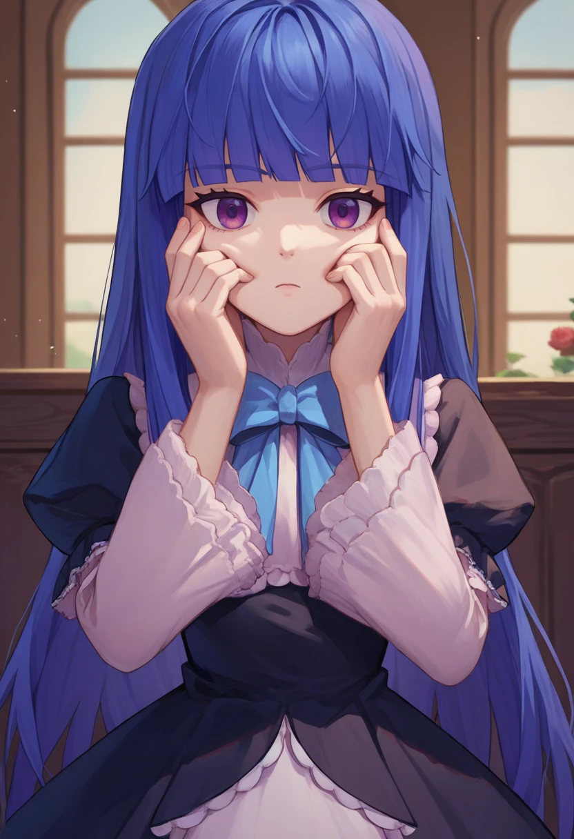 score_9, score_8_up, score_7_up,  source_anime,   <lora:BernPXL-000013:1> frederica bernkastel, long hair, blue hair, purple eyes, frederica bernkastel, long hair, blue hair, purple eyes, black dress, frills, blue bow,  hands on cheeks, pov