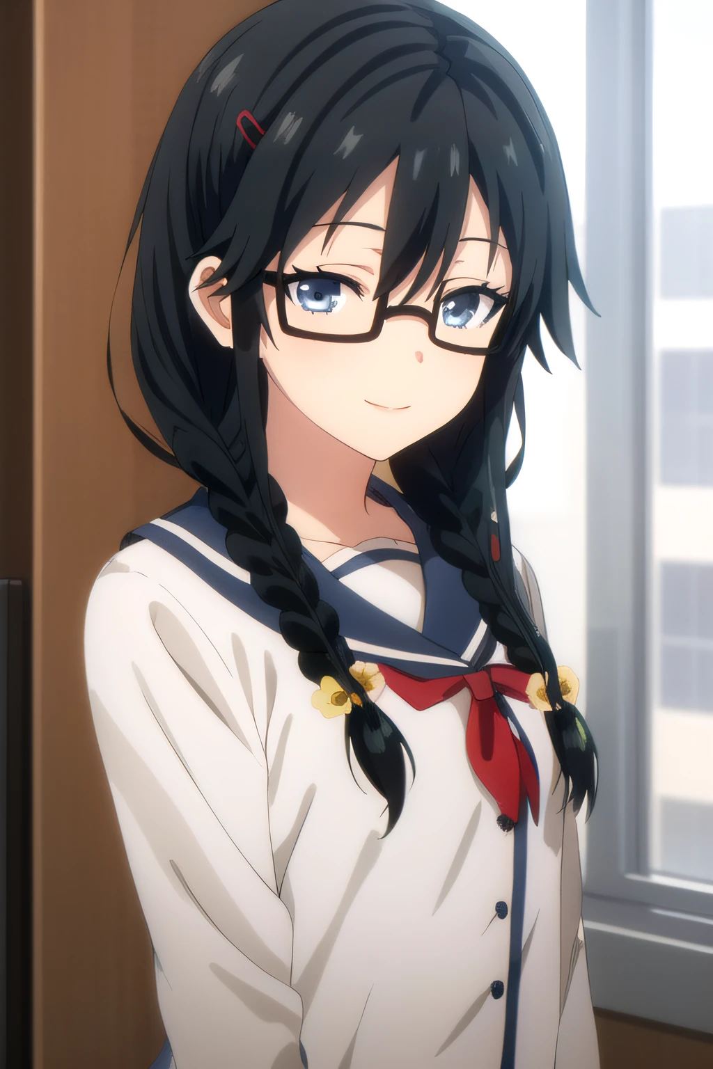 (masterpiece:1.2), best quality, high resolution, unity 8k wallpaper, (illustration), extremely detailed face, perfect lighting, extremely detailed CG, 1girl, solo, <lora:Pansy:0.8>, pansy, twin braids, hair over shoulder, hair ornament, serafuku, blue eyes, smile, standing, upper body, long sleeves, frontal view:1.2, adjusting eyewear, looking at viewer