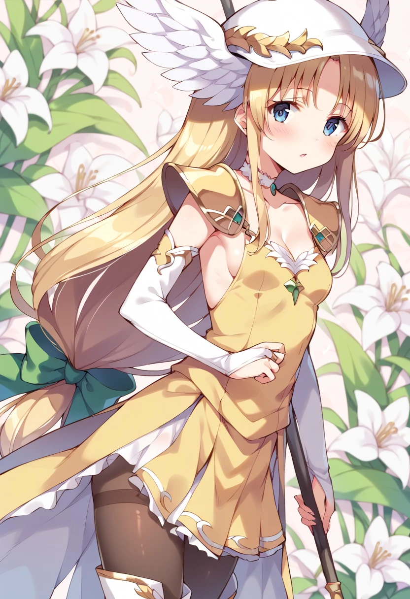score_9, score_8_up, score_7_up, best quality, masterpiece, source_anime BREAK
1girl, riesz, vanadis, blonde hair, solo, blue eyes, low-tied long hair, thighhighs, cleavage, helmet, very long hair, bridal gauntlets, looking at viewer, polearm, winged helmet, lily \(flower\), hair bow, open mouth, small breasts, floral background, thigh boots, white legwear, cowboy shot, shoulder armor, green bow, choker, detached sleeves, standing, bangs, elbow gloves, yellow dress, head wings, jewelry, pauldrons, shiny, collarbone, see-through, spear, parted lips, :o, blush, white flower, short dress, holding polearm, sideboob, hair ribbon, dutch angle, valkyrie, shiny hair, white footwear, shiny skin, yellow skirt, from side, white headwear, thighband pantyhose, black pantyhose, white wings, green ribbon, blurry background <lora:riesz_sdxl_locon_pony_v1:0.7>