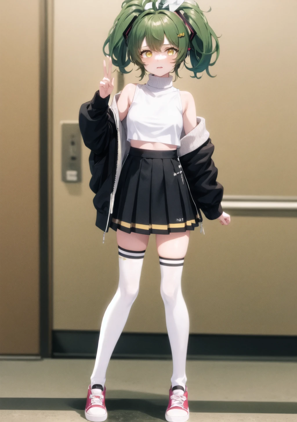 miku_cinnamon,gavial,green hair,yellow eyes,long sleeves,shirt,bare shoulders,skirt,thighhighs,pleated skirt,frills,shoes,socks,off shoulder,crop top,sweater,white footwear,frilled skirt,sneakers,full body,looking at viewer,<lora:hatsune_cinnamon-10:1>,<lora:Gavial-04:1>,