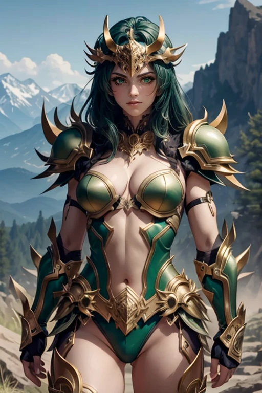 hxarmour,1girl,(green armour:1.3),mountain,(Sexy pose:1.2),<lora:HXarmour_009:0.7>,