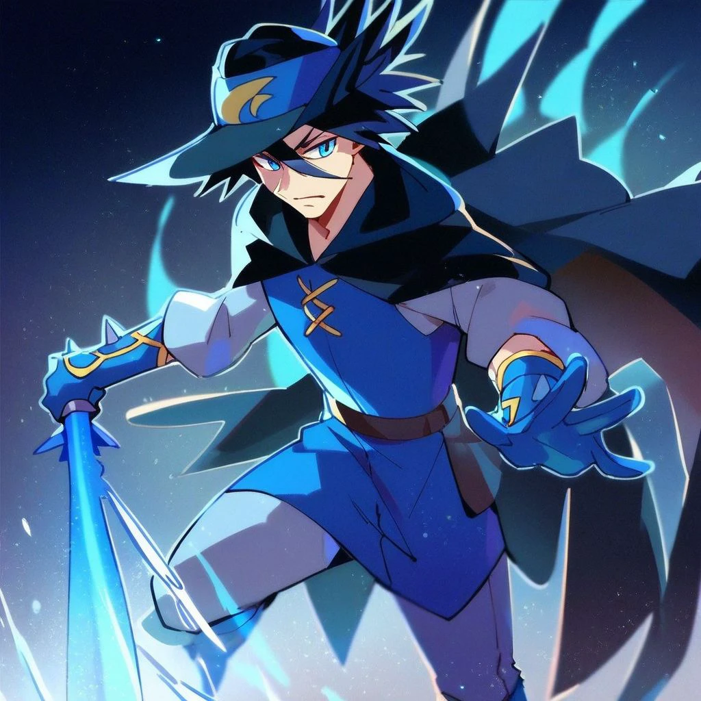 score_9,score_8_up,score_7_up,score_6_up,score_5_up,score_4_up, solo, 1boy, black hair, blue eyes, spiked hair, hair between eyes , Hat, cape, black cape, tunic, long sleeves, pants, boots, belt, blue gloves,