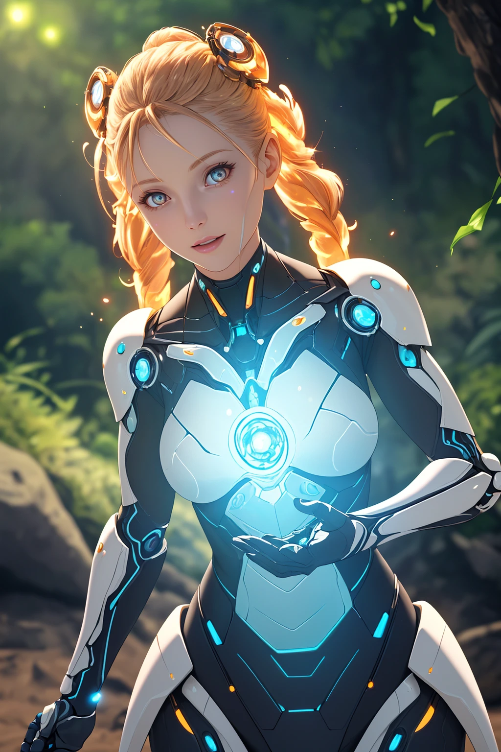 A professional high quality photo of a feminine biomechanical unit [ <'EM_1'> ] in action outdoors, overloaded integrated reactor, shining elements, glowing gaps, subsurface scattering
