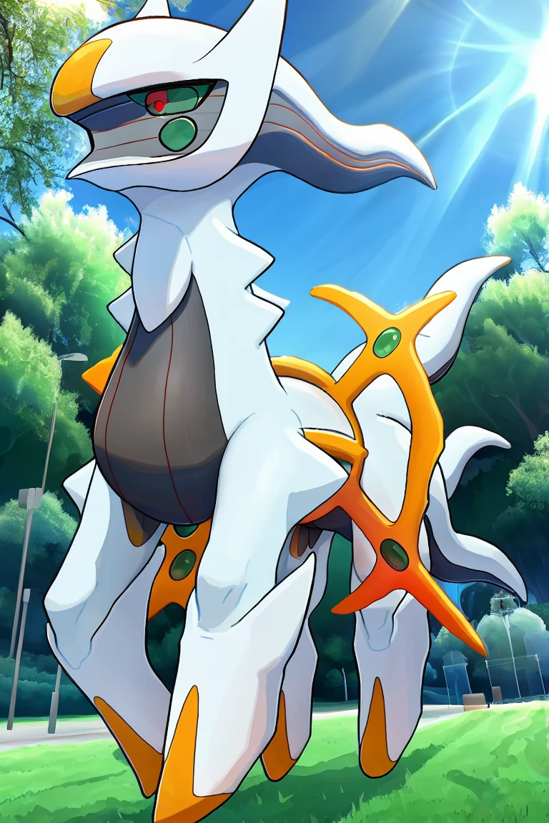 absurd res, (masterpiece, best quality:1.1), arceus, (yousan:1.1), chibi, pokemon \(creature\), no humans, feral, tail, walking, cute, cutesy, from side, looking at viewer, green sclera, red eyes, (detailed eyes:1.2), looking at viewer, detailed background, grass, park, swings, blue sky, clear sky, (4k, hdr:1.3) <lora:arceusV1:1.2>