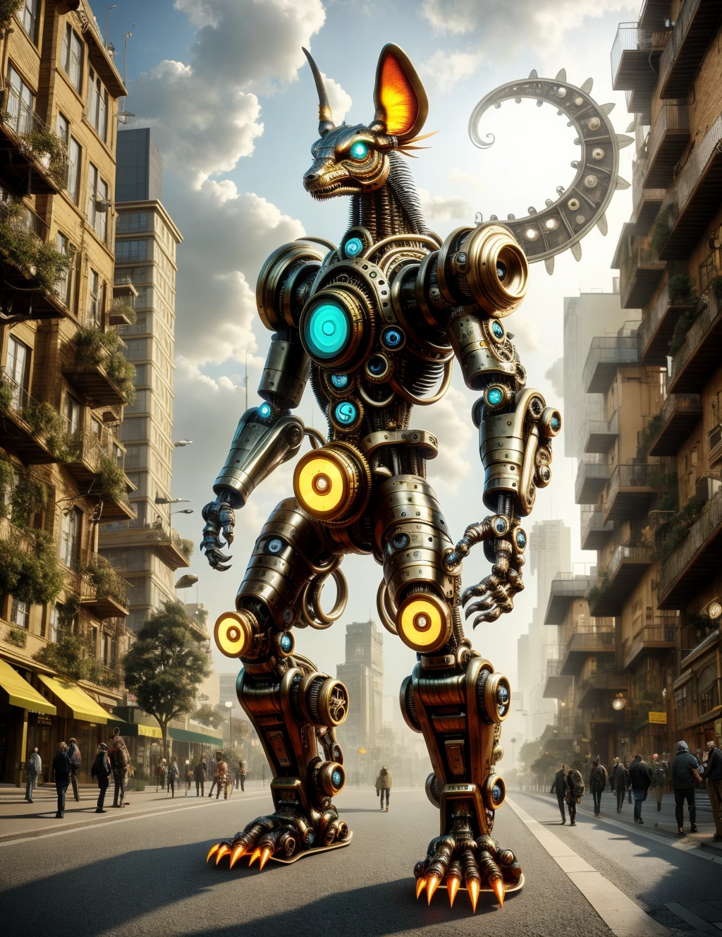 DonMSt34mP huge camouflaged mythical urban elongated person, digitigrade appendages, tailless, forked-tailed, transparent skin, rounded ears, , steampunk <lora:DonMSt34mP:0.8>