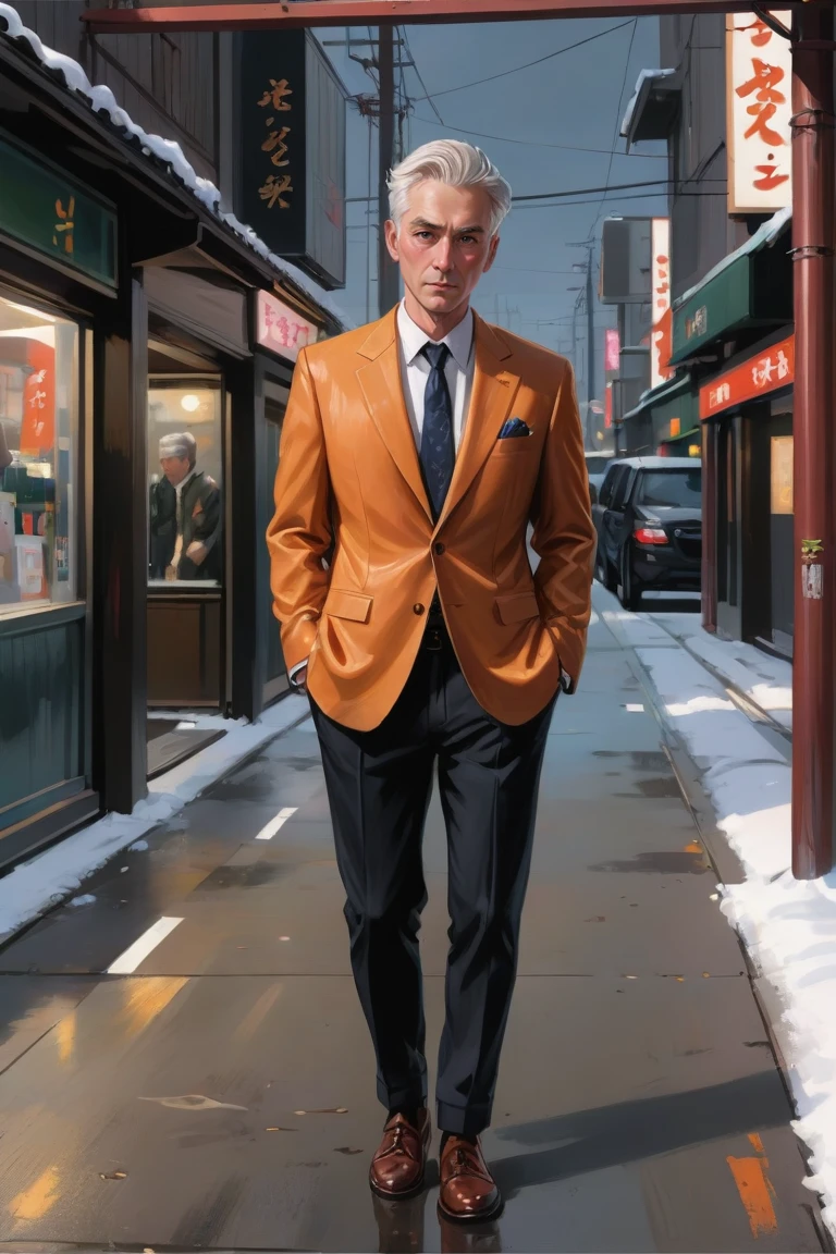 digital painting, full body, older man, handsome, formal winter tokyo streetwear, japanese, copper hair, Textured Crop<lora:EnvyJKMaleFashionXL01:1.1>