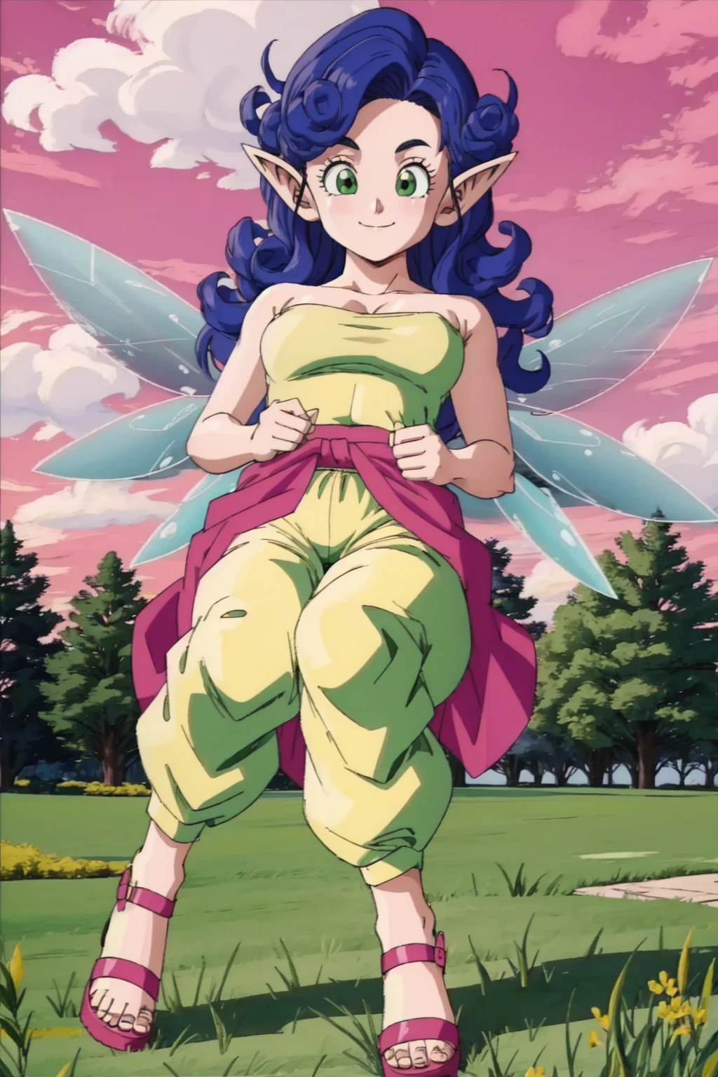fairy,full body, blue hair, 1girl,solo,green eyes,small breasts,curly hair,pointy ears,long hair,light green strapless shirt,pink sarong,light green harem pants,pink sandals,grass, tree, pink sky,closed mouth, smile,(best quality, masterpiece) <lora:fairy_v1:1>