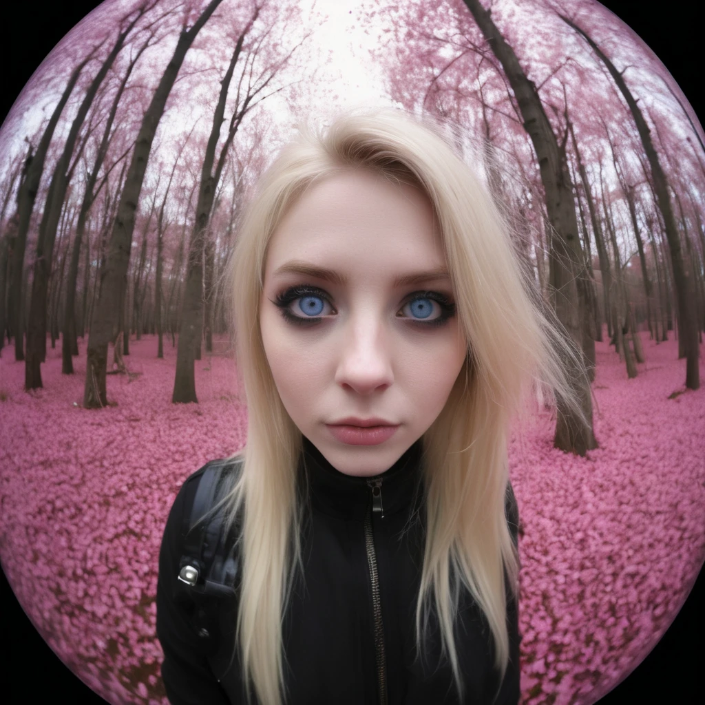 a goth blonde supermodel ,blue eyes,(((photo 8mm fisheye lens by 8mmfishlent,black borders:1,zoom out))) , experimental photography, hard light --ar 3:4 --v 5.1 --style raw,at a pink sakura forest