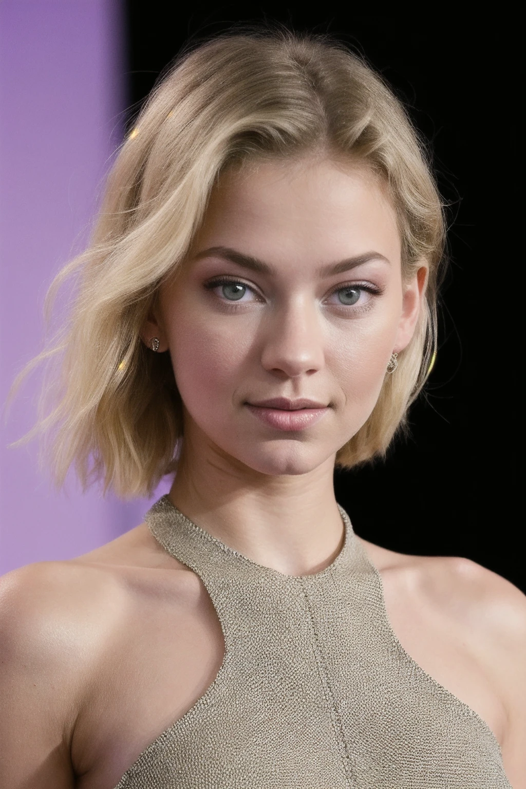 candid photo of a blonde woman,(astr1d_v1-850-2000:0.95),wearing a interference pattern dress,natural skin,subtle smile,short blonde hair,headshot,by martin schoeller
