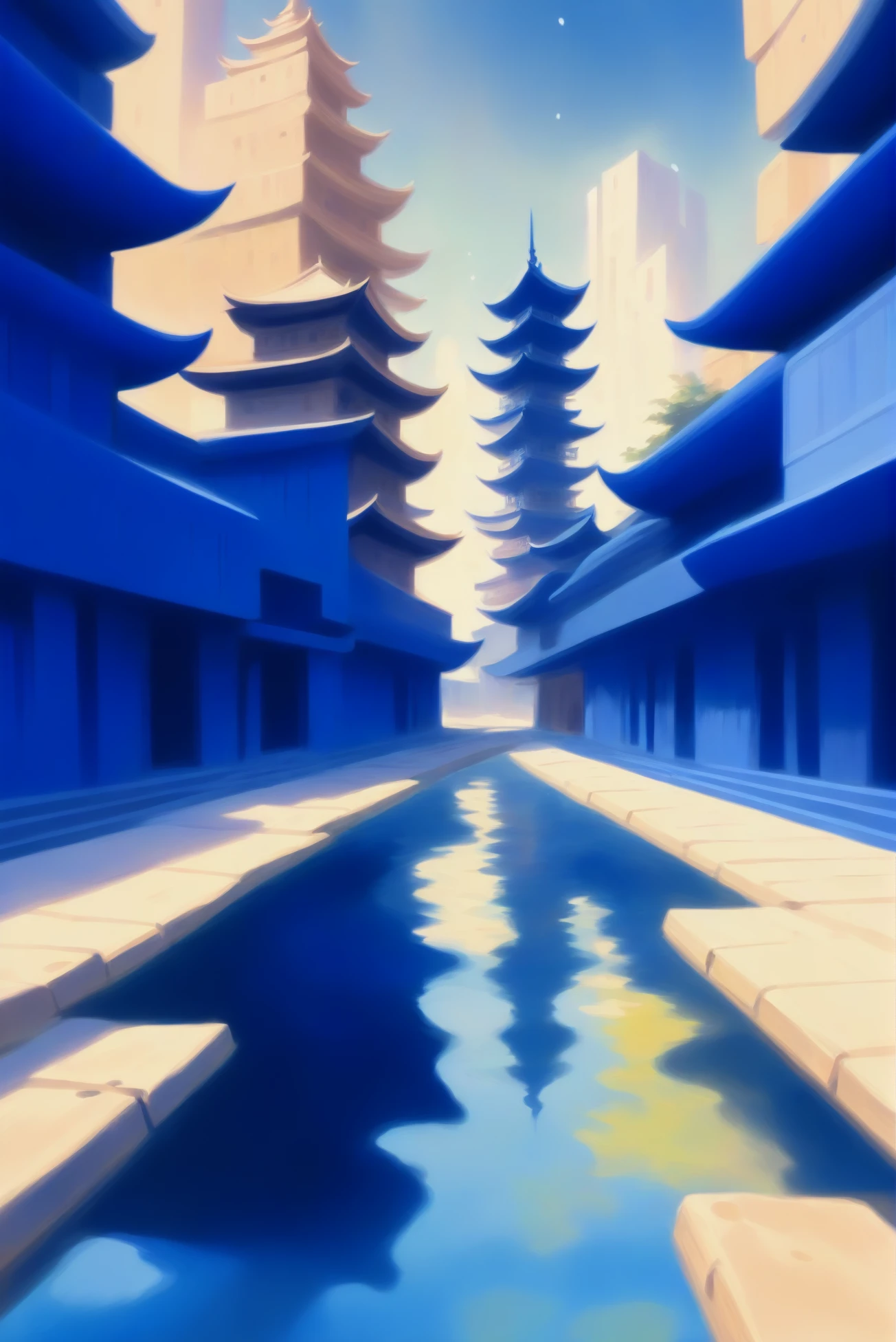 digital painting, Vibrant mural street in a Zen rock garden in a dingy scifi megacity<lora:EnvyBluesXL01:1>