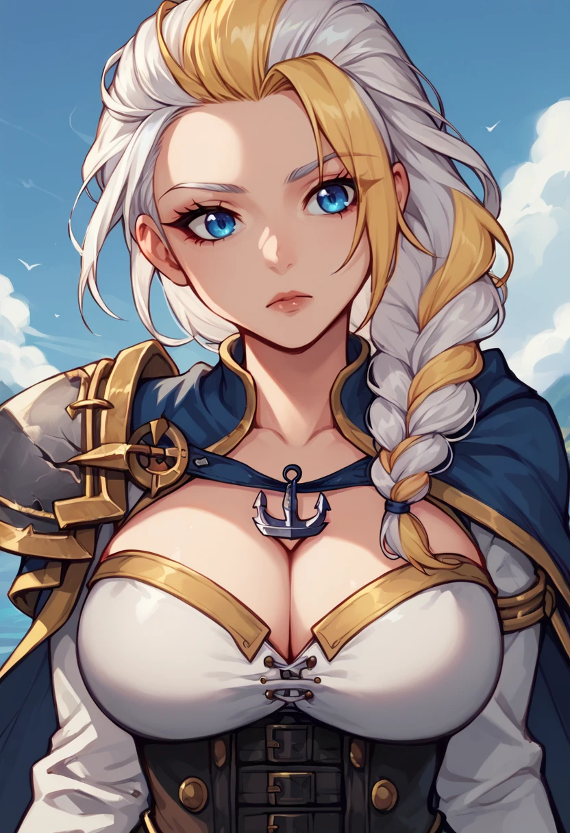 score_9, score_8_up, score_7_up, source_anime BREAK 1girl, solo, <lora:jainaproudmoore-wc-richy-v1_pdxl:1> jainapost, multicolored hair, white hair, yellow hair, single braid, chest strap, cleavage, armor, black corset, blue cape, long sleeves, anchor necklace, large breasts