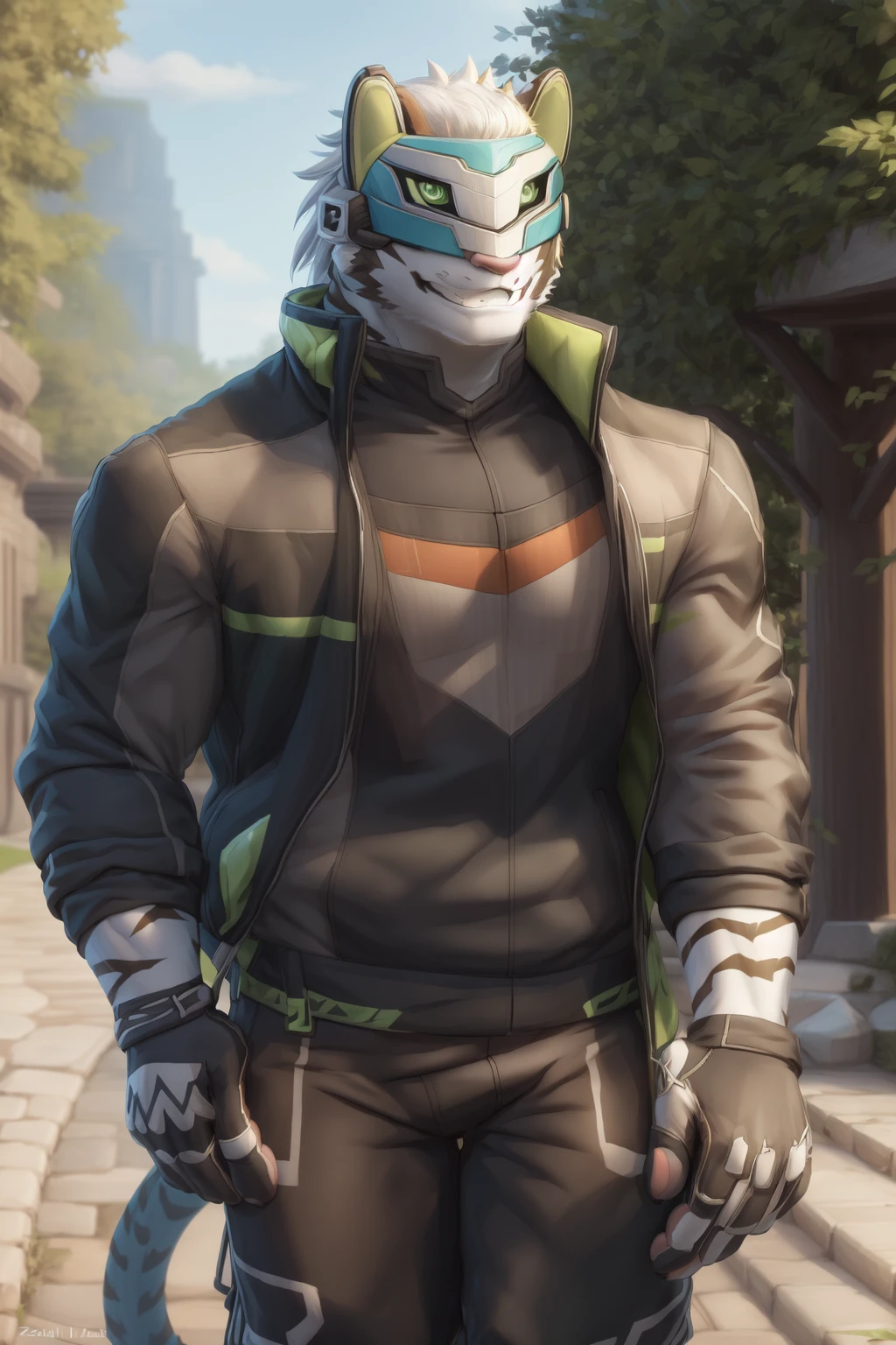 <lora:rexer-07:1>, rexer, green eyes, (posing:1.3), (soft shading), 4k, hi res, ((detailed face, detailed)), by zackarry911, by zaush, (by personalami:0.5), mask, gloves, jacket, full body, male focus, pants, fingerless gloves, smile, white hair,