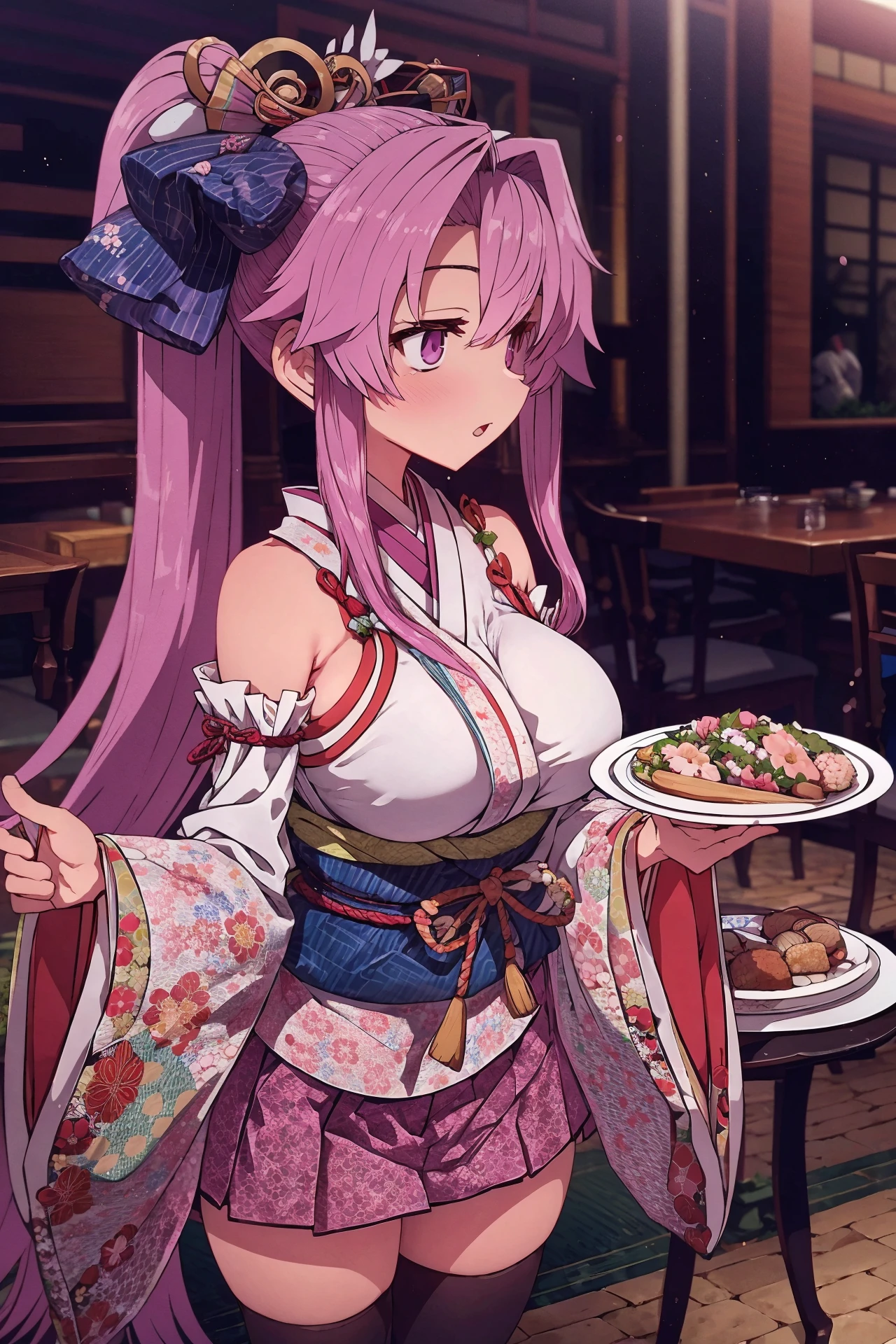 <lora:sumiyao+MEI2-000010:1> sumiyao+, blush, <lora:cute_kimono_N_V1_1:0.8> frills, japanese clothes, hair flower,wide sleeves, kimono, white thighhighs, zettai ryouiki, floral print, skirt,detached sleeves, restaurant, tray, plate, food, looking away, people, table, large breasts,, (masterpiece, top quality, extremely detailed, best quality, beautiful and aesthetic:1.2), (1girl:1.3), official art, high resolution, surreal,, twin ponytails, long hair, pointy hair, multicolored hair