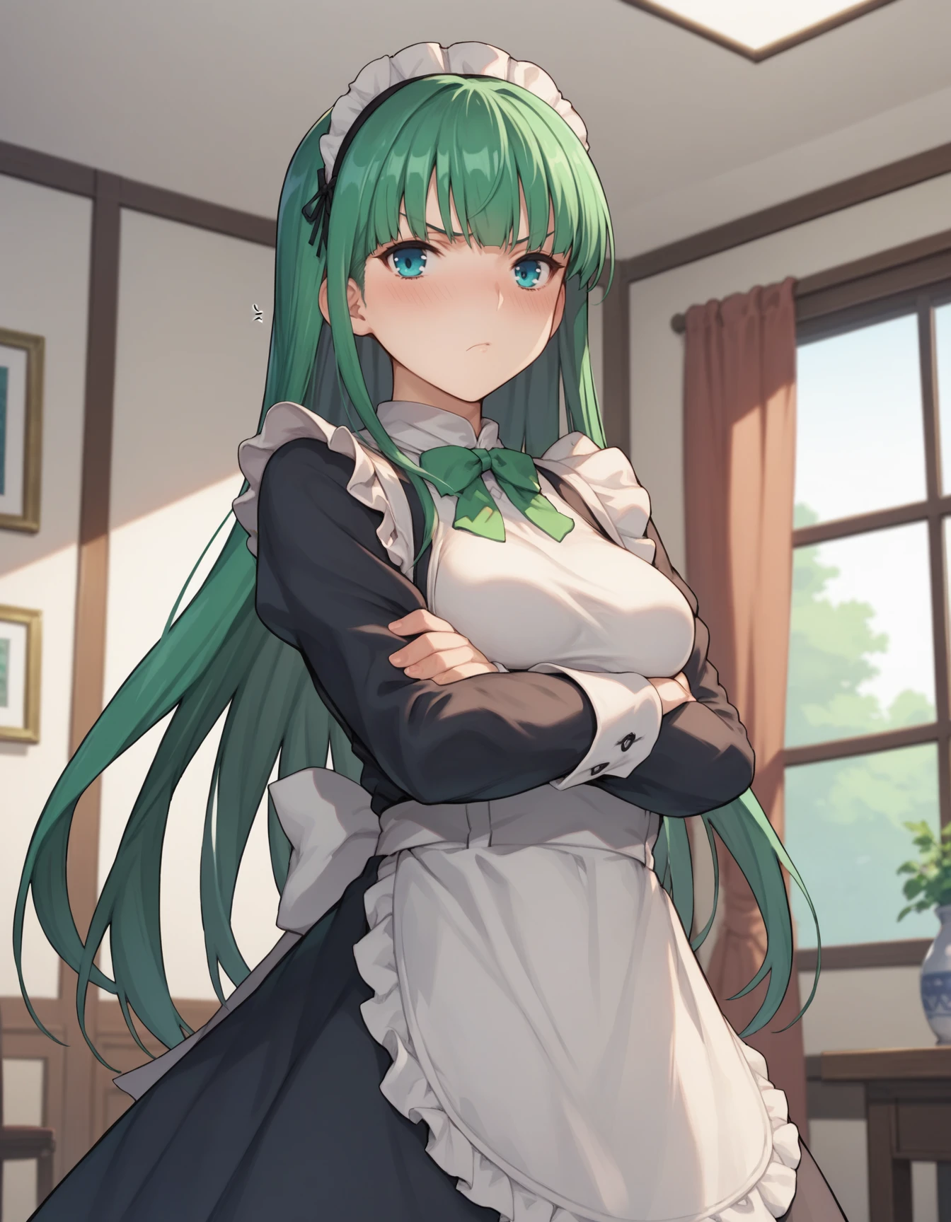 score_9, score_8_up, score_7_up, source_anime, 1girl, shizuka masou, medium breasts, maid uniform, indoors, standing, arms crossed, looking at viewer, annoyed, blush, <lora:ShizukaV2:0.9>